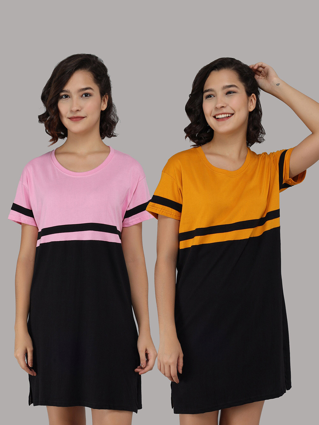 

Christy World Pack Of 2 Colourblocked Pure Cotton T-shirt Nightdress, Black