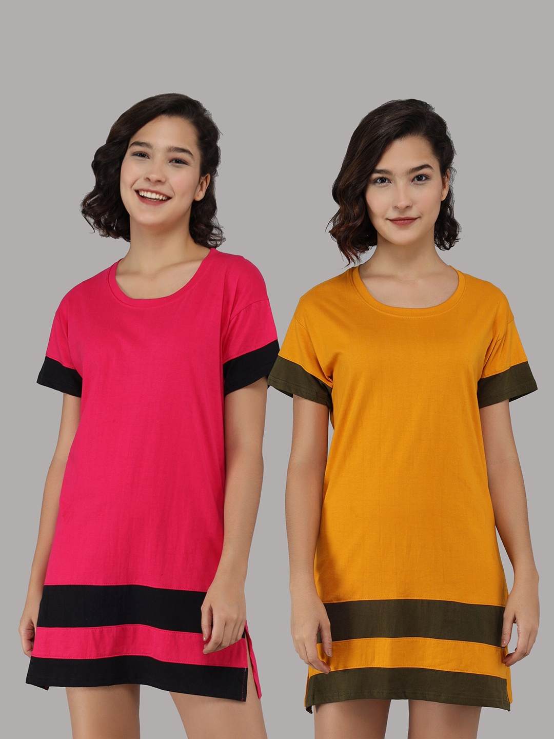 

Christy Pack Of 2 Colourblocked Cotton Longline T-Shirt, Pink