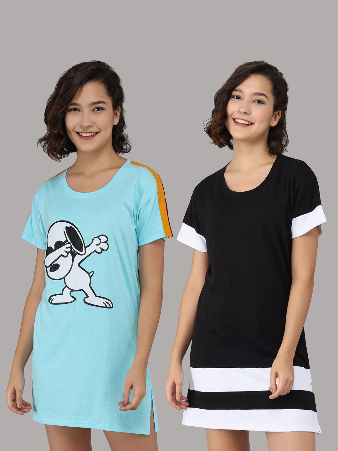 

Christy World Pack Of 2 Graphic Printed Pure Cotton Nightdress, Black