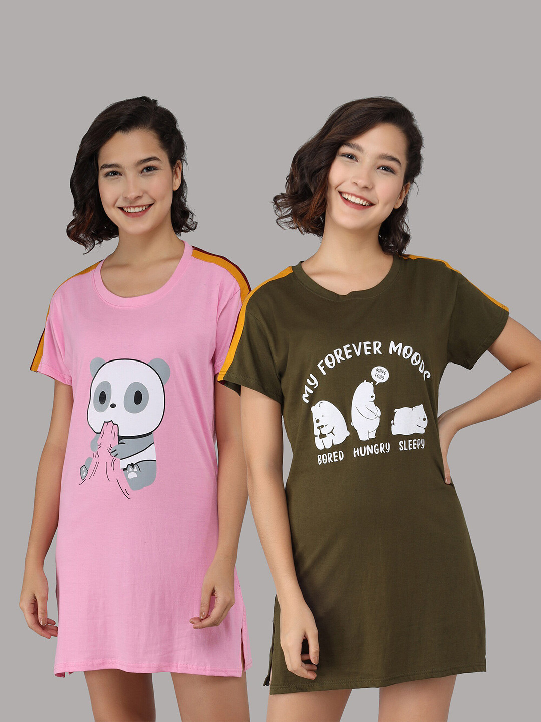 

Christy World Pack of 2 Graphic Printed Cotton T-shirt Nightdress, Pink