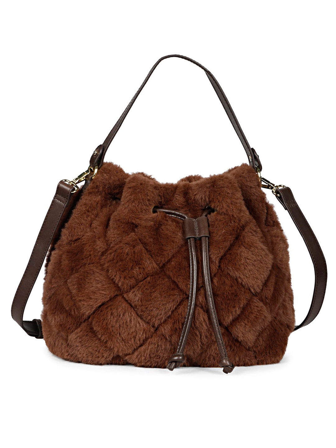 

Favore Leather Bucket Shoulder Bag with Fringed, Brown