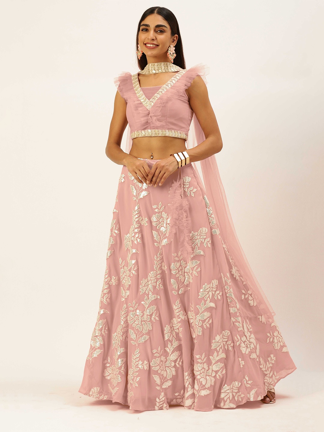 

Ethnovog Embellished Ready to Wear Lehenga & Blouse With Dupatta, Pink