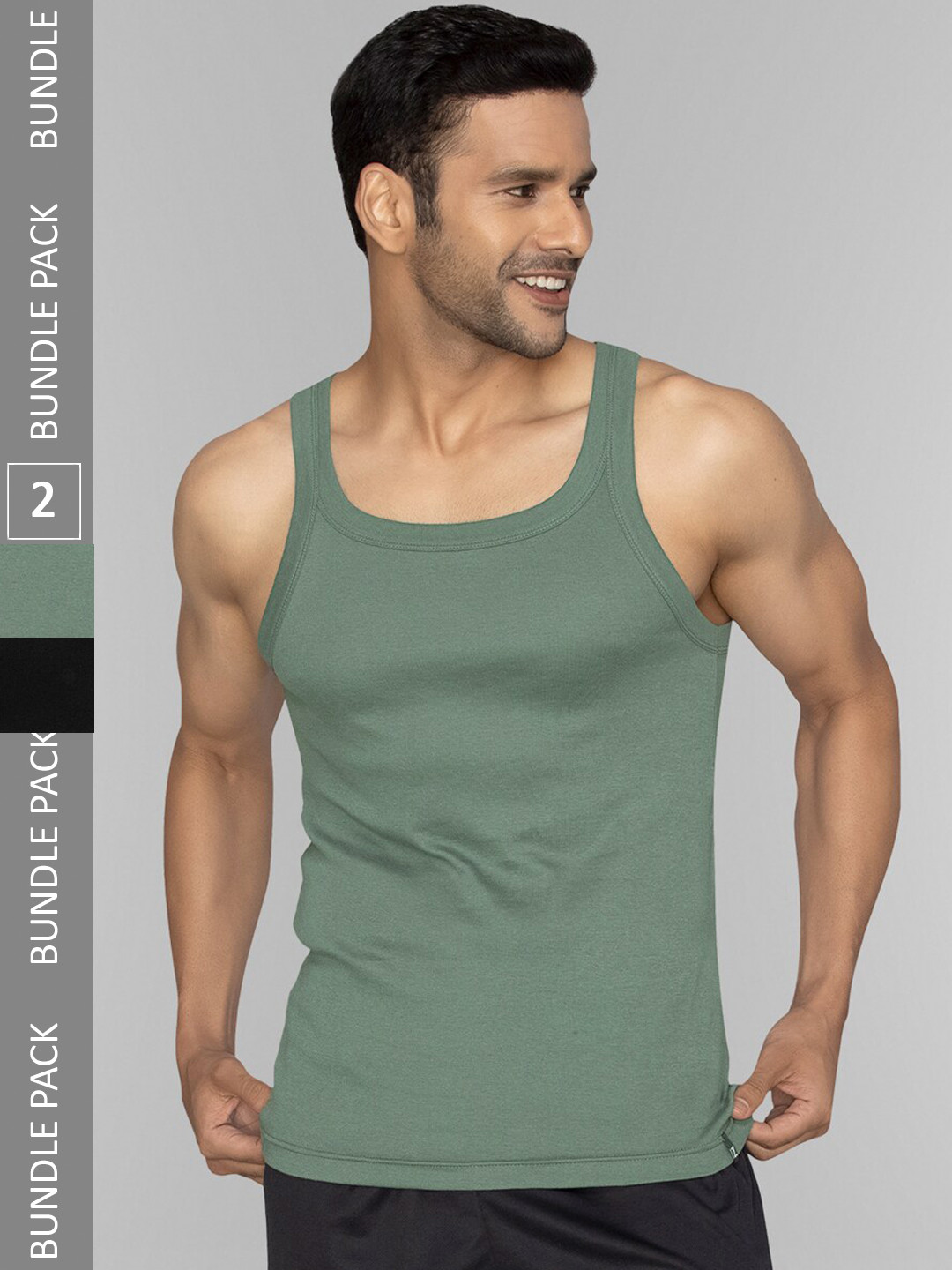 

XYXX Men Pack of 2 Solid Pace Super Combed Cotton Square Neck Gym Vest, Black