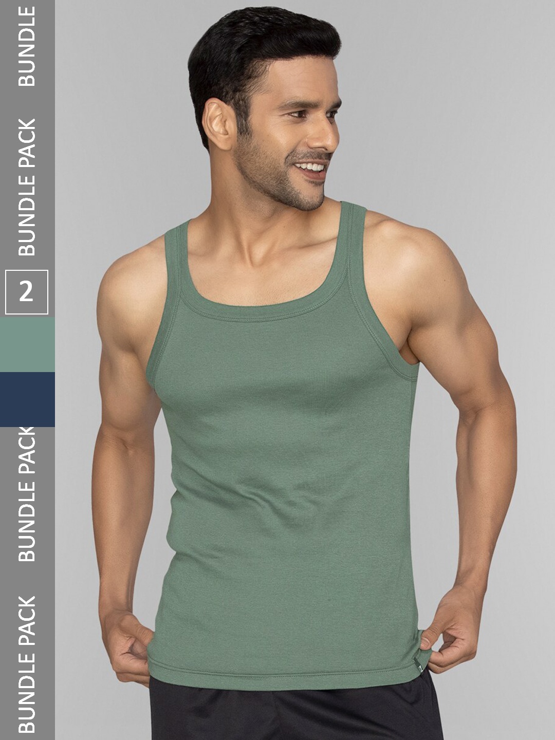 

XYXX Men Pack of 2 Solid Pace Super Combed Cotton Square Neck Gym Vest, Olive