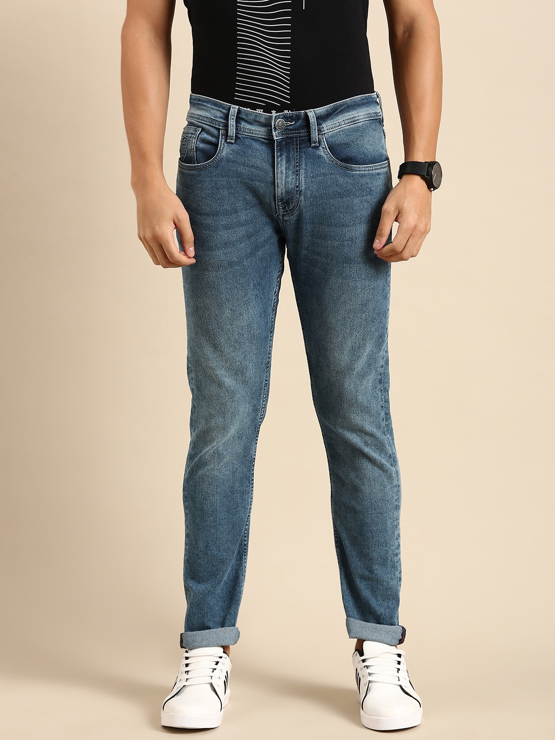 

Being Human Men Straight Fit Heavy Fade Stretchable Mid-Rise Jeans, Blue