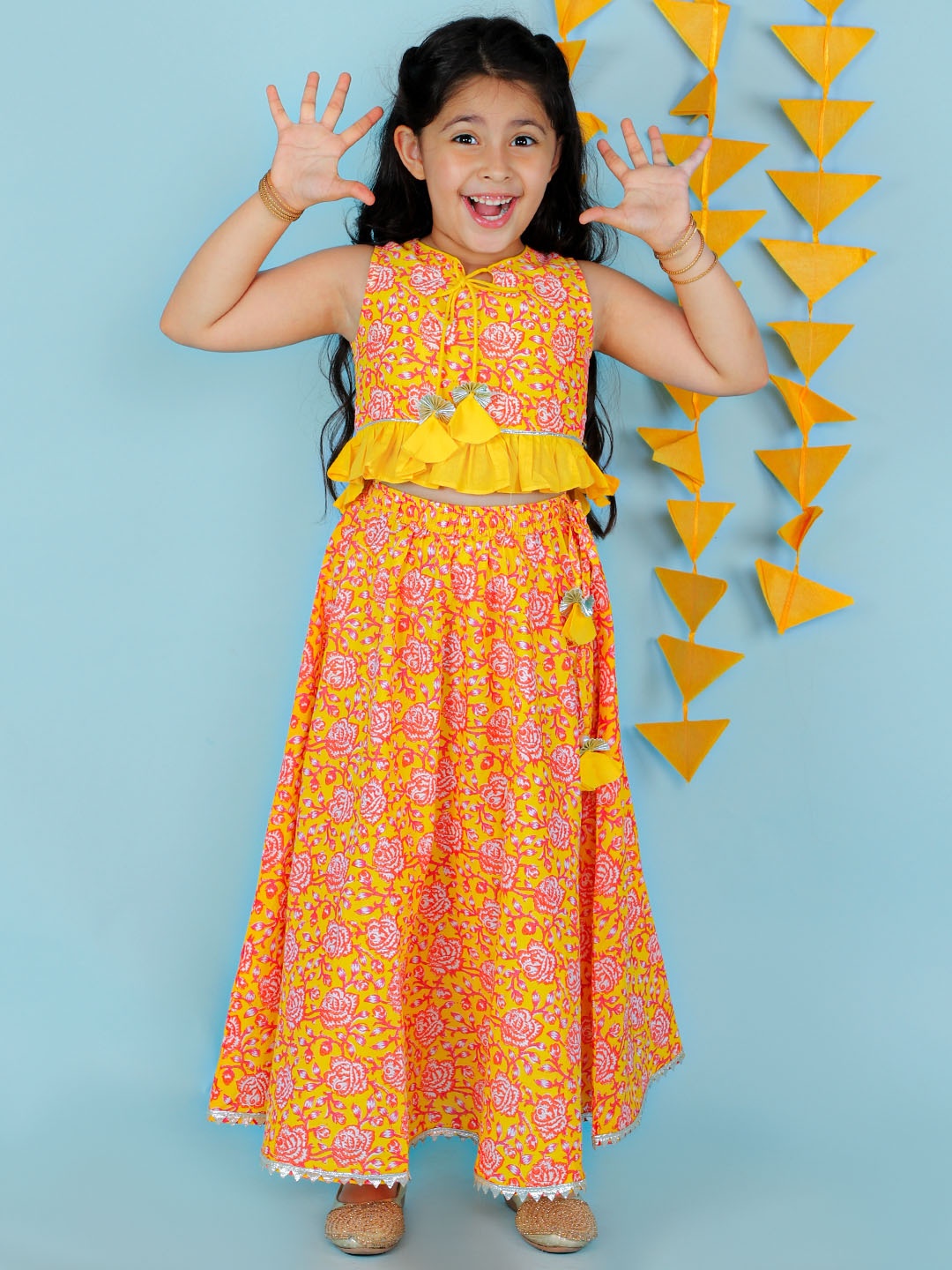 

LIL DRAMA Girls Printed Cotton Ready to Wear Lehenga Choli, Orange