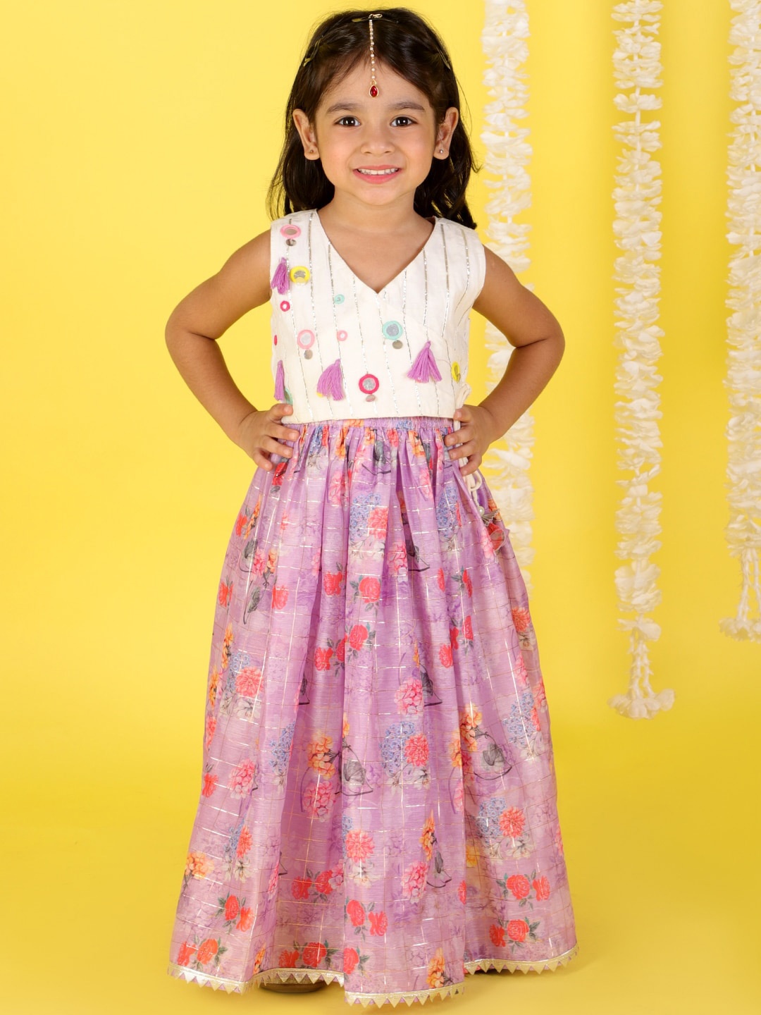 

LIL DRAMA Girls Printed Mirror Work Ready to Wear Lehenga Choli, Purple