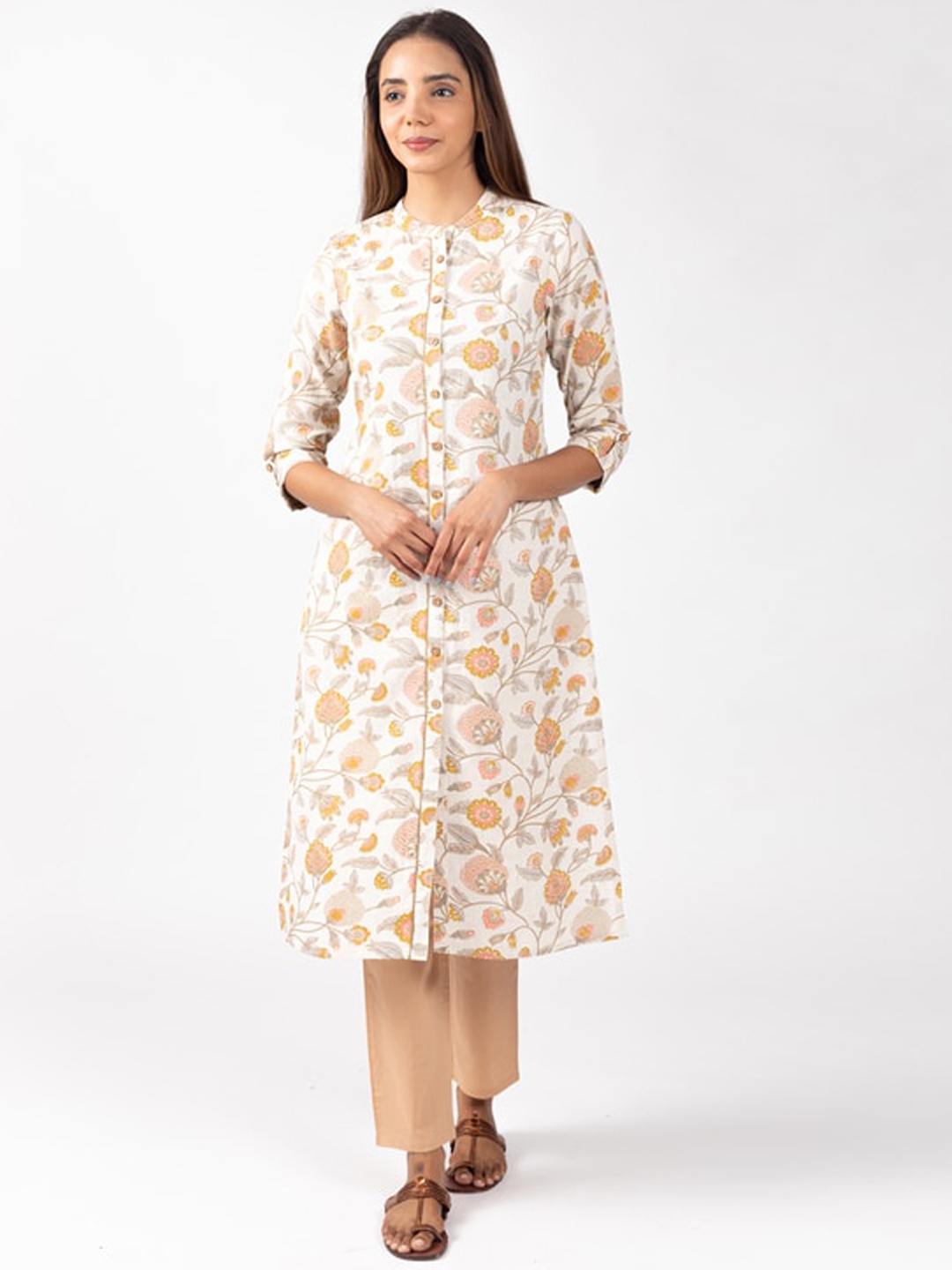 

HERE&NOW White Floral Printed Mandarin Collar Roll-Up Sleeves Kurta