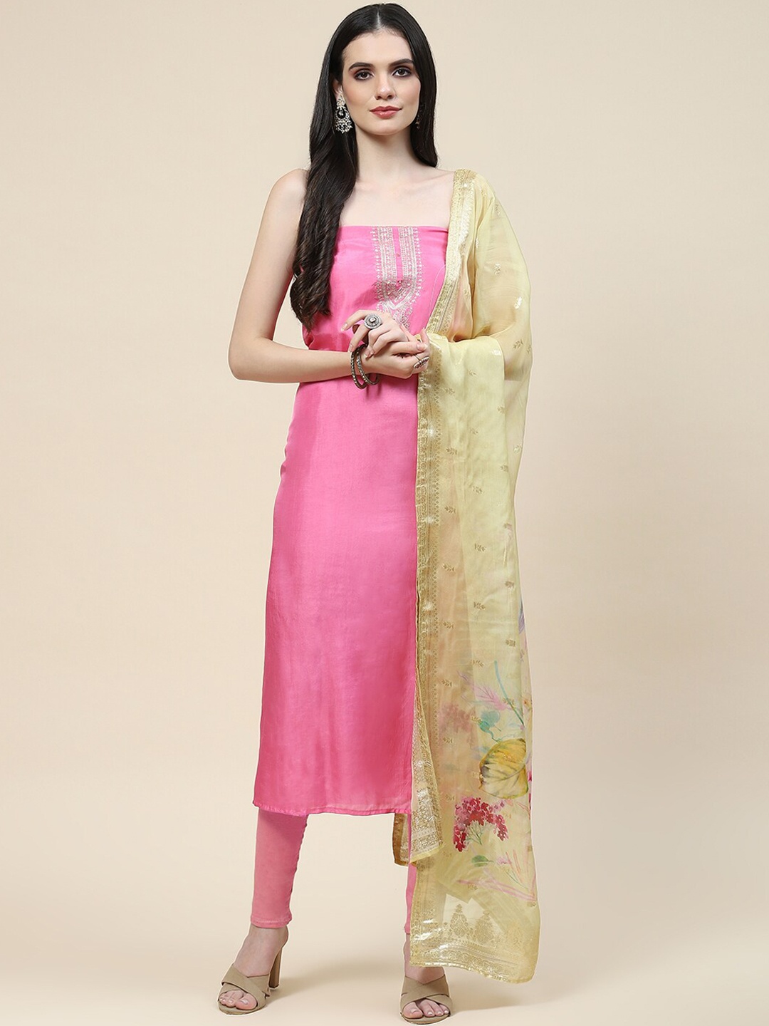 

Meena Bazaar Ethnic Motifs Embroidered Unstitched Dress Material, Pink
