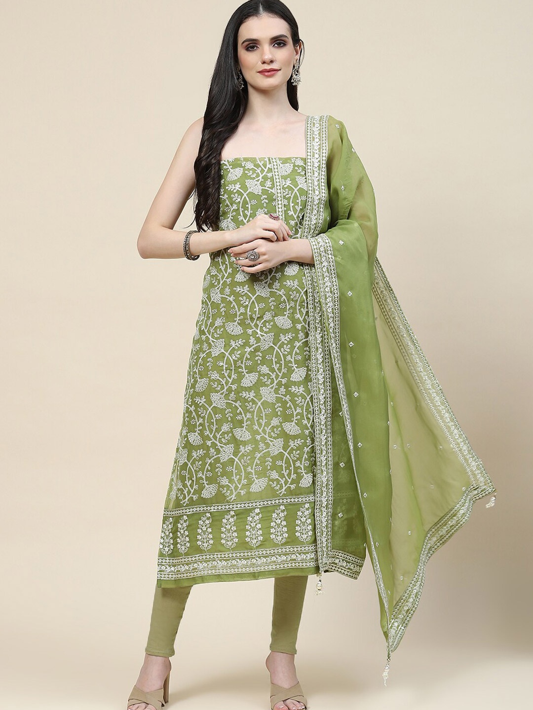 

Meena Bazaar Floral Embroidered Organza Unstitched Dress Material, Green