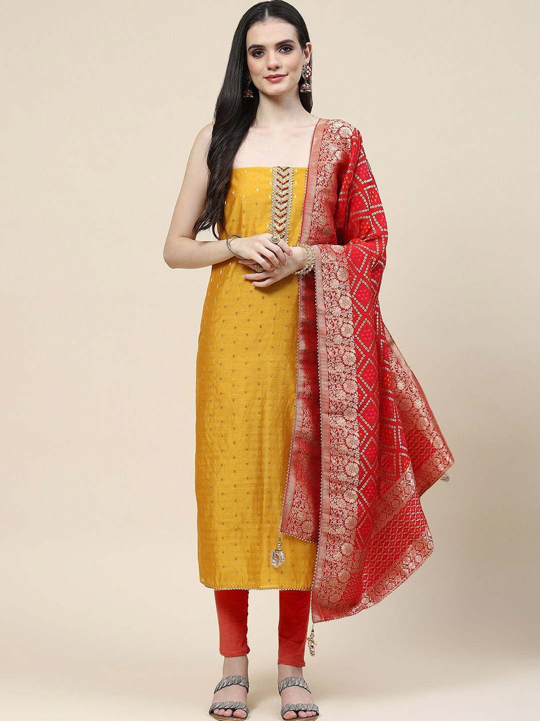 

Meena Bazaar Ethnic Motifs Woven Design Unstitched Dress Material, Mustard