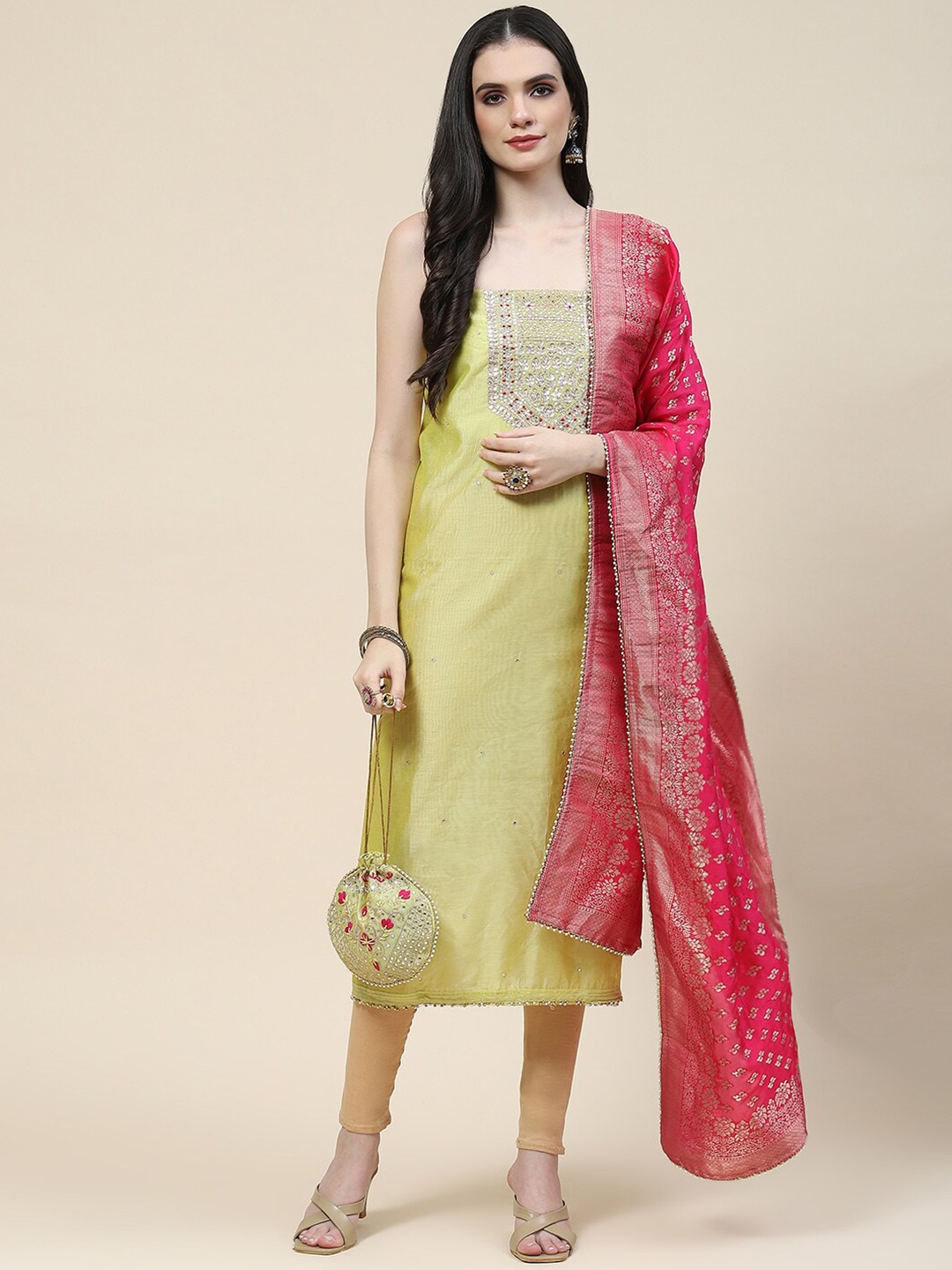 

Meena Bazaar Ethnic Motifs Embroidered Gotta Patti Unstitched Dress Material, Yellow