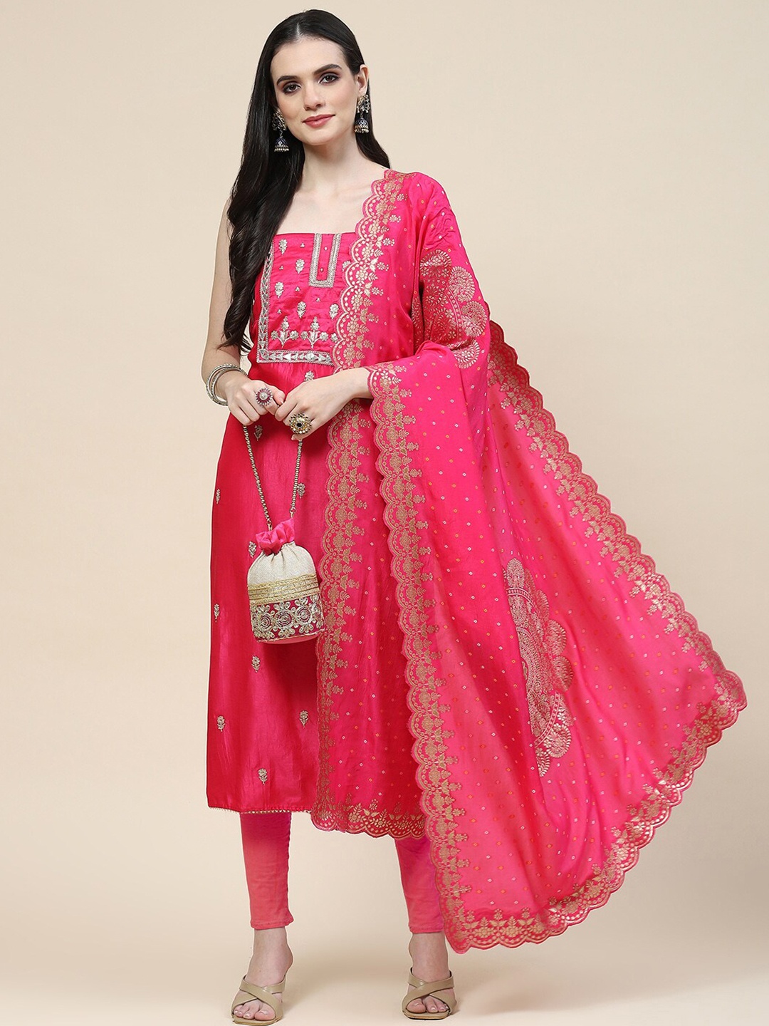 

Meena Bazaar Ethnic Motifs Embroidered Unstitched Dress Material, Pink