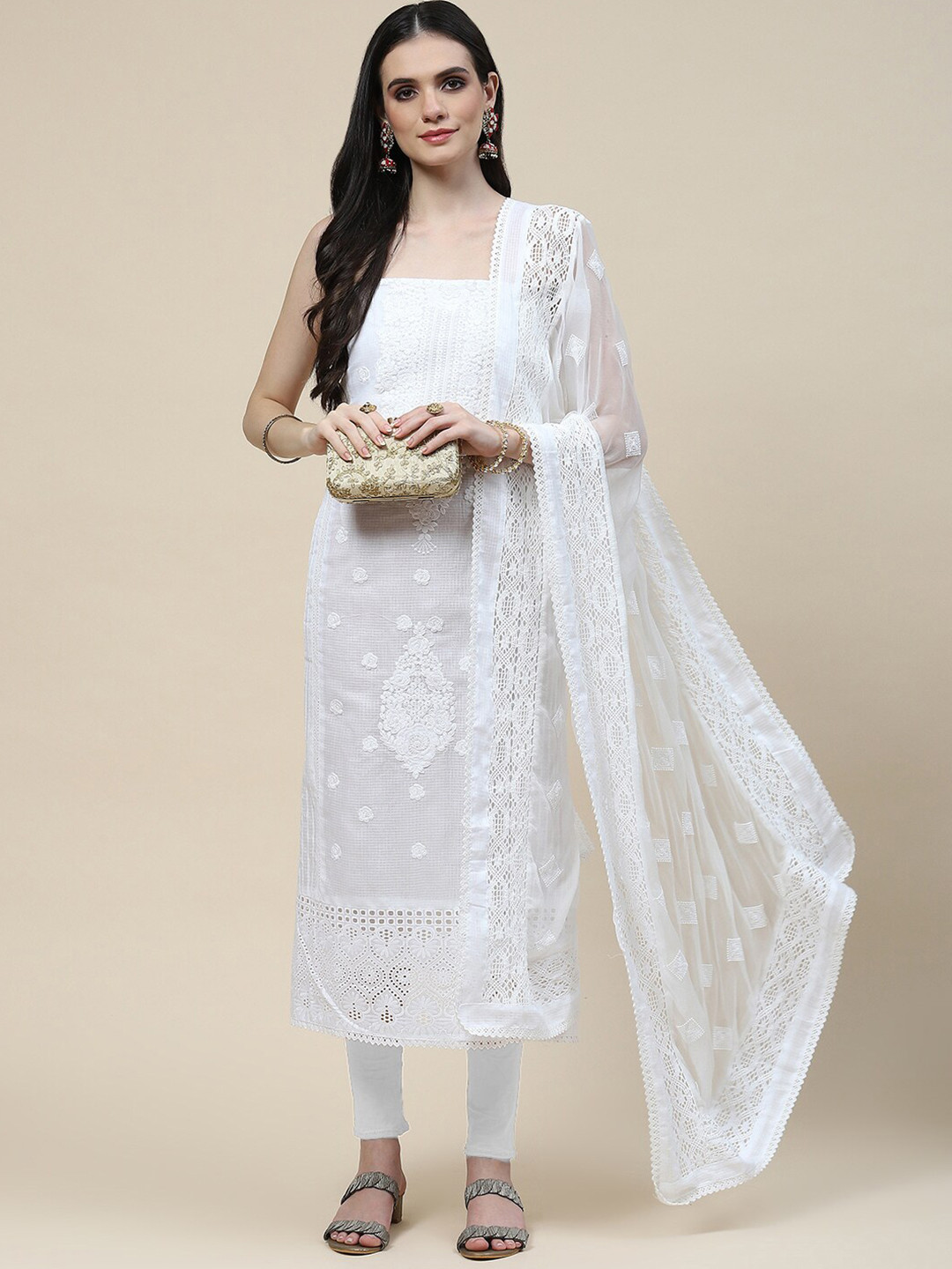 

Meena Bazaar Floral Embroidered Unstitched Dress Material, White