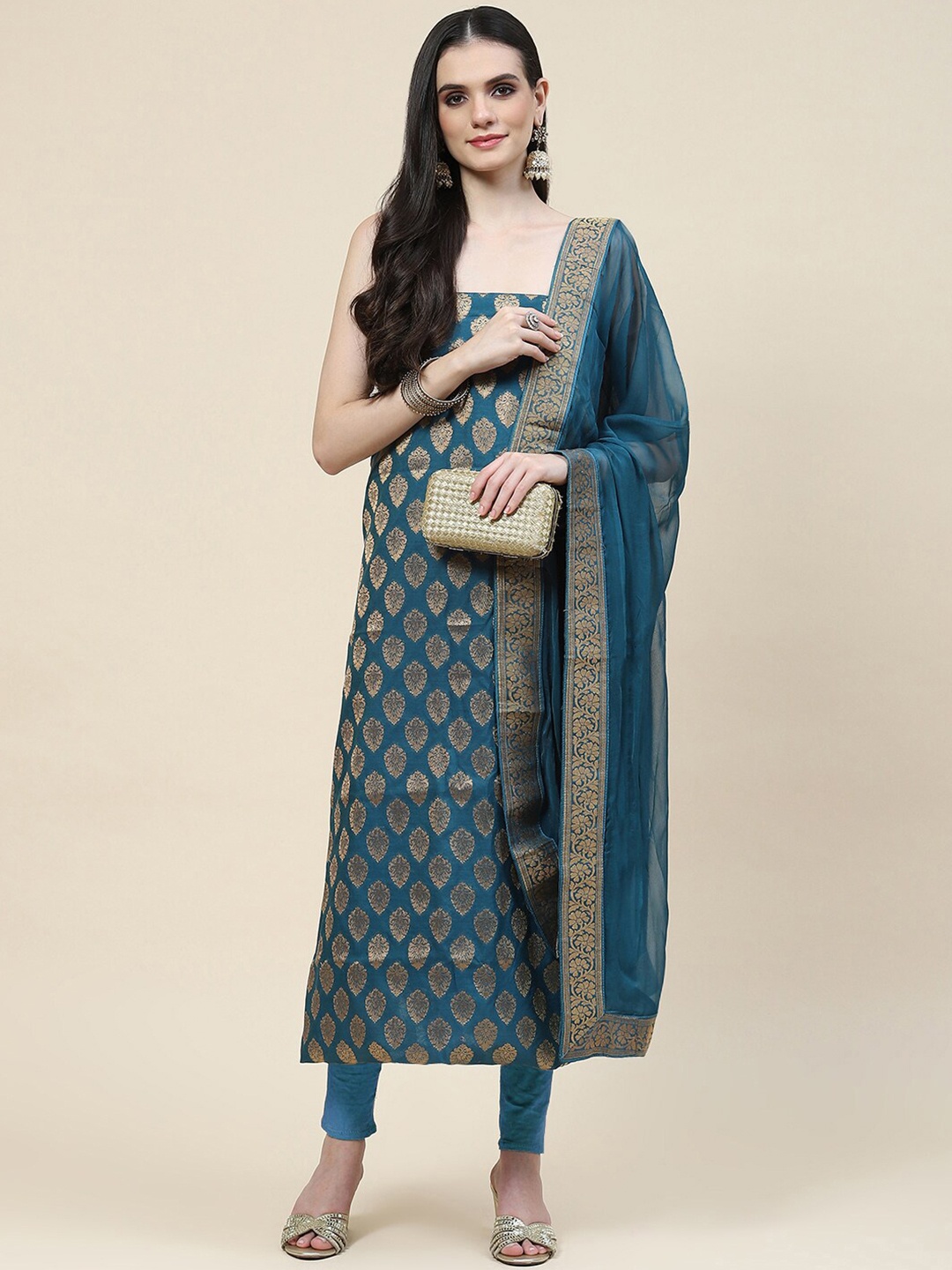 

Meena Bazaar Ethnic Motifs Woven Design Unstitched Dress Material, Blue