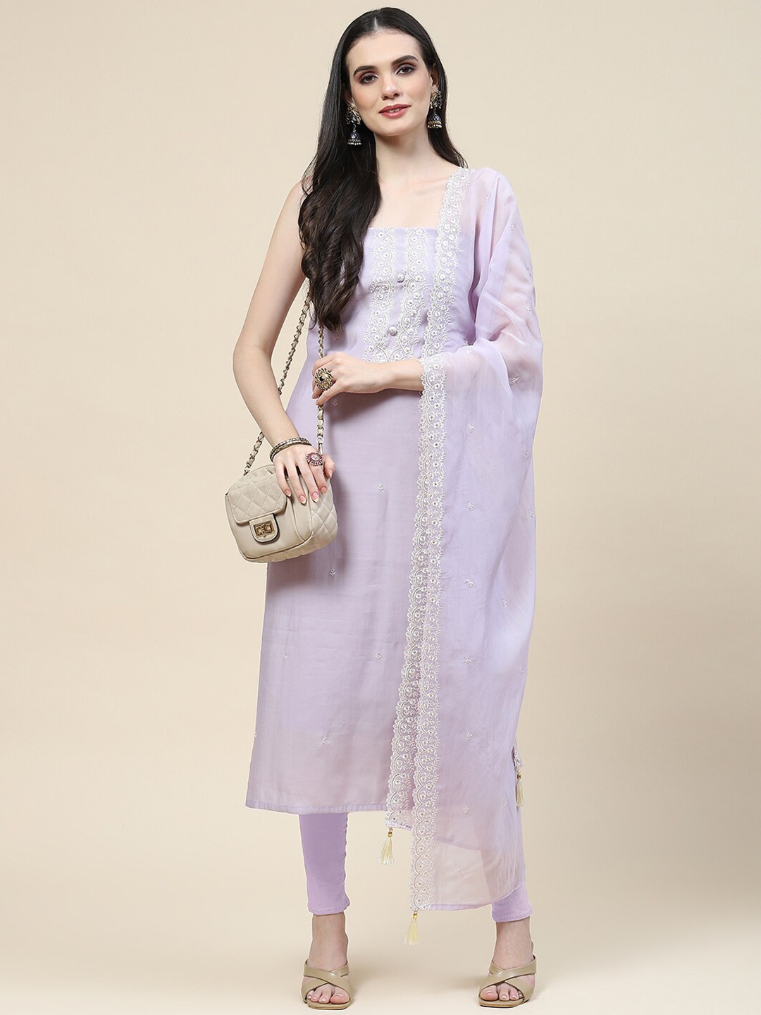 

Meena Bazaar Floral Embroidered Unstitched Dress Material, Purple