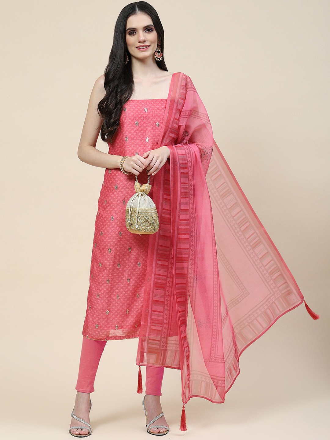 

Meena Bazaar Ethnic Motifs Woven Design Unstitched Dress Material, Pink