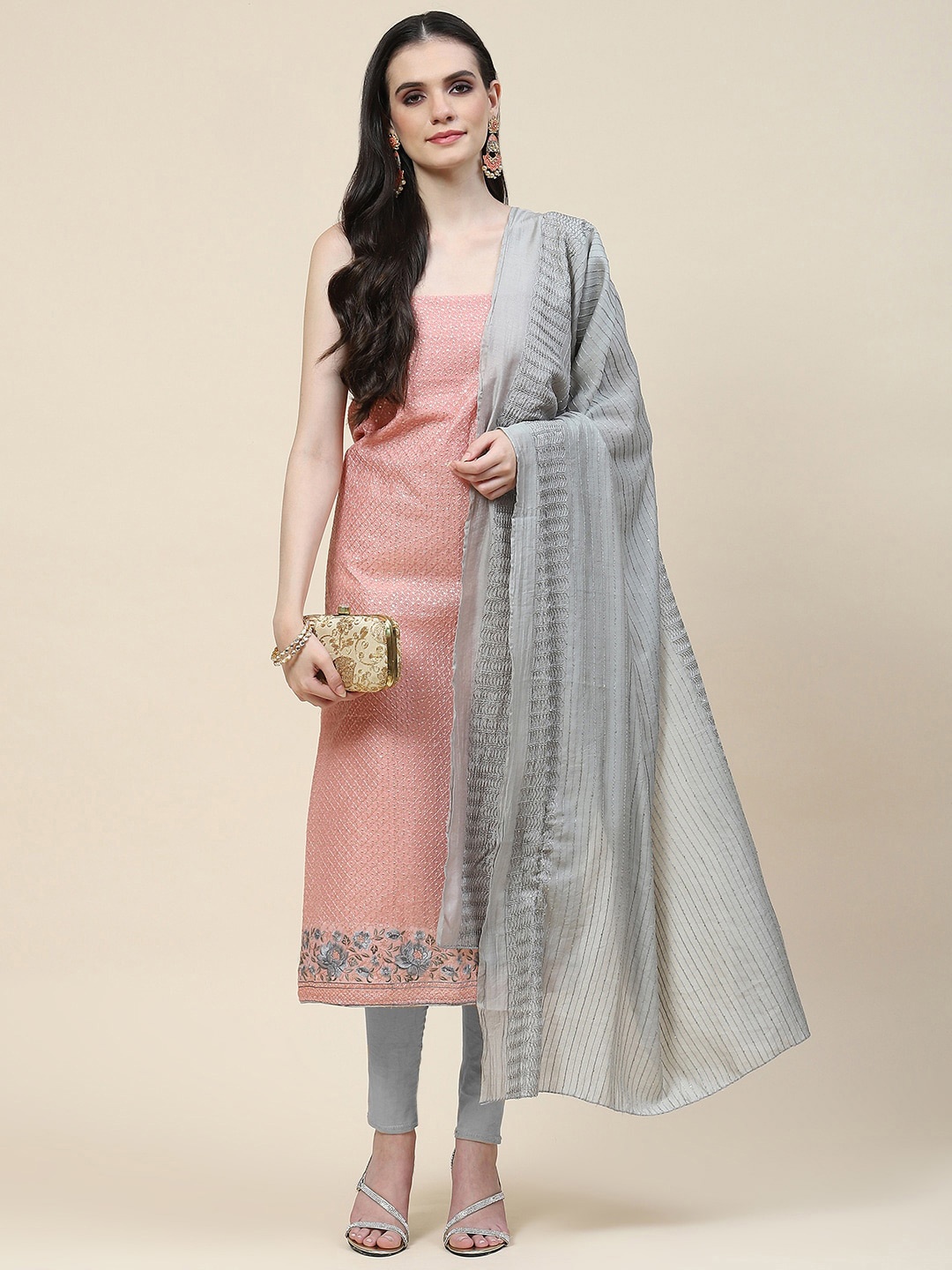 

Meena Bazaar Floral Embroidered Organza Unstitched Dress Material, Peach