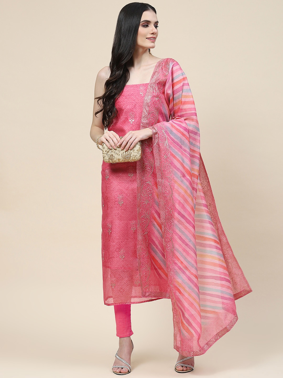 

Meena Bazaar Ethnic Motifs Embroidered Unstitched Dress Material, Pink