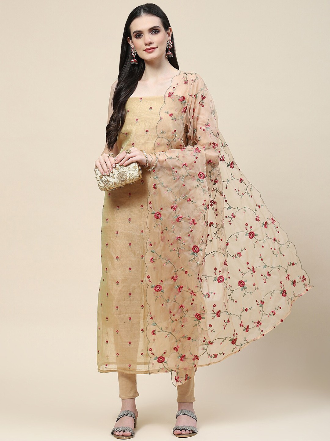 

Meena Bazaar Floral Embroidered Organza Unstitched Dress Material, Beige