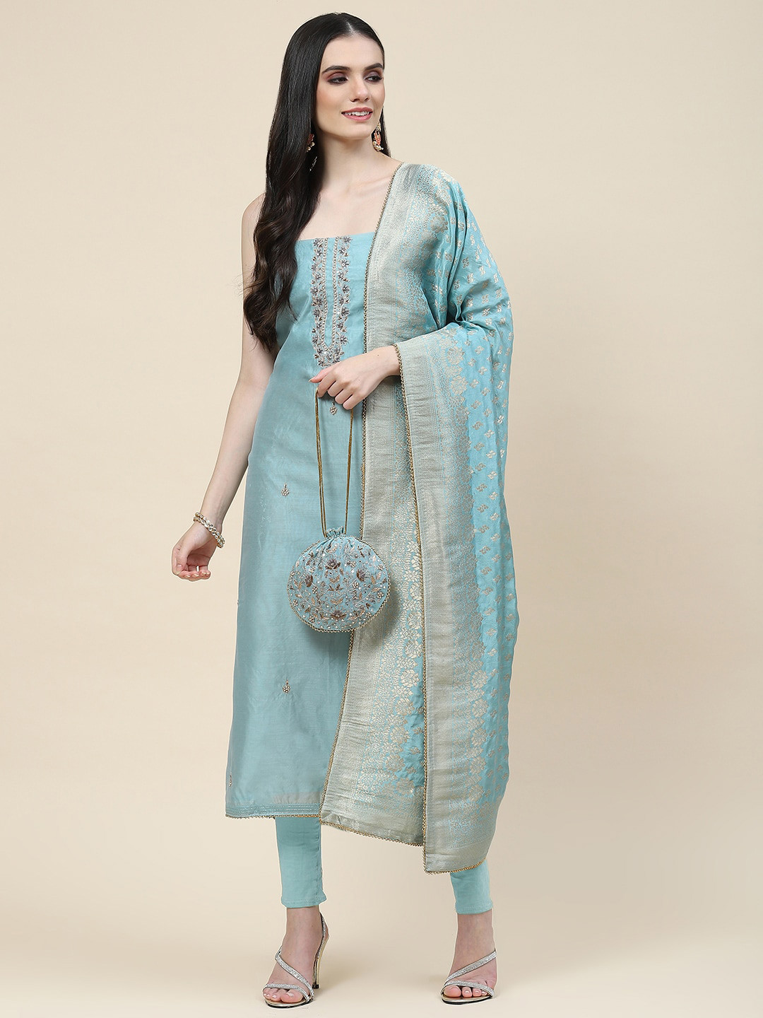 

Meena Bazaar Embellished Unstitched Dress Material, Blue