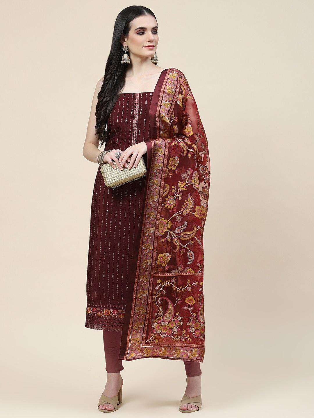 

Meena Bazaar Sequin Embellished Unstitched Dress Material, Maroon