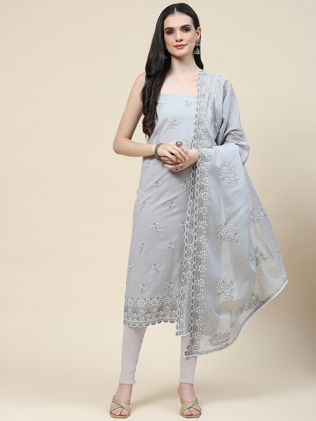 

Meena Bazaar Floral Embroidered Unstitched Dress Material, Grey