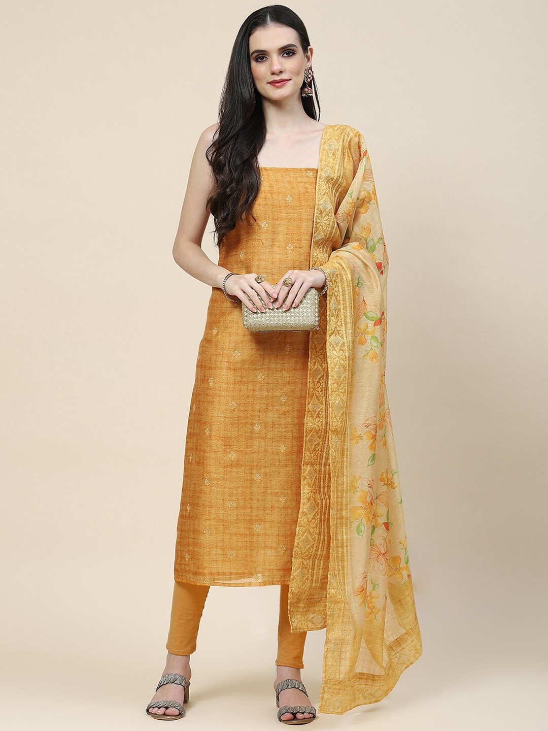 

Meena Bazaar Floral Embroidered Organza Unstitched Dress Material, Mustard