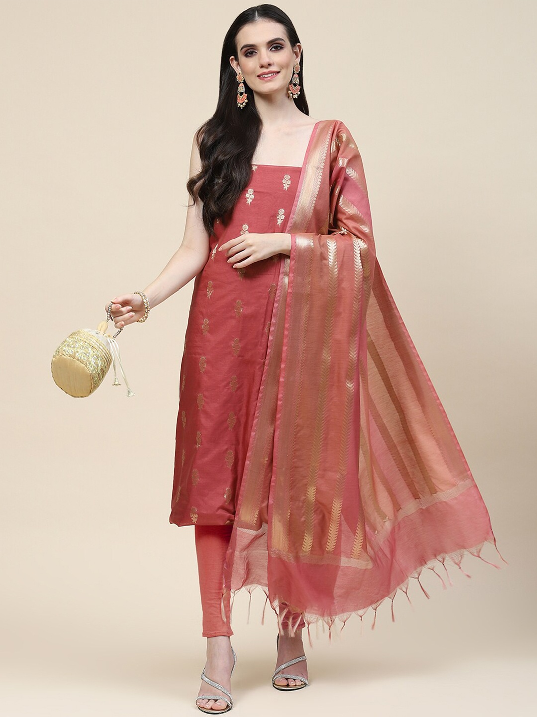 

Meena Bazaar Floral Woven Design Unstitched Dress Material, Maroon