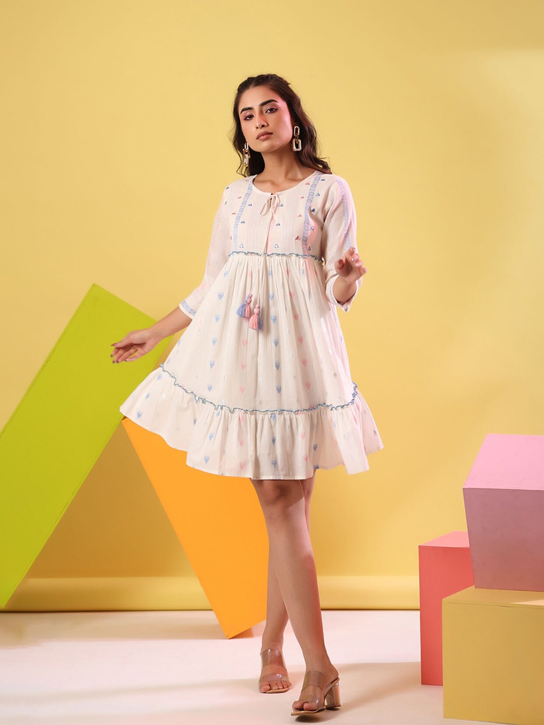 

FASHION DWAR Geometric Printed Tie-Up Neck Pure Cotton A-Line Dress, White