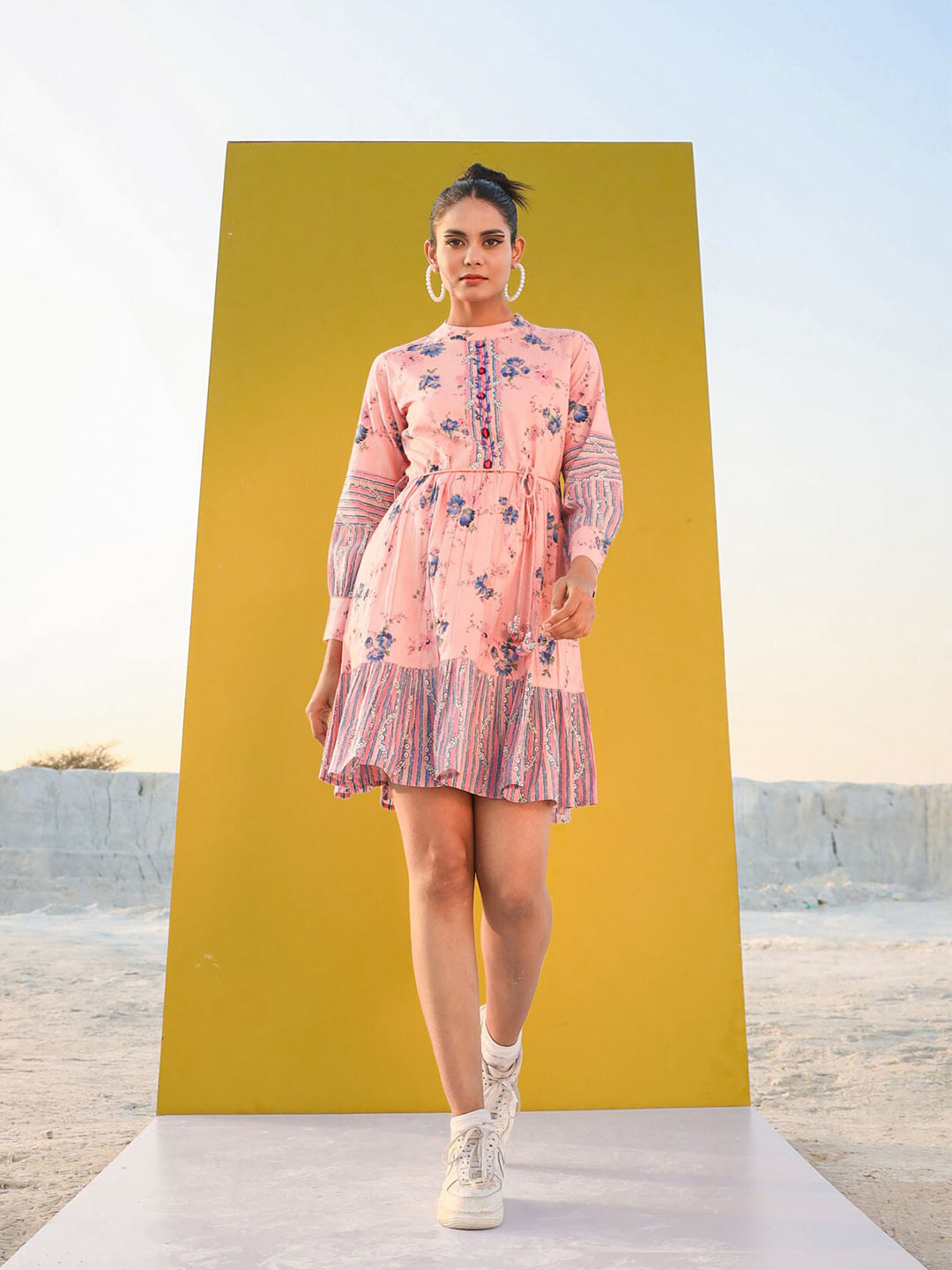 

FASHION DWAR Floral Printed A-Line Pure Cotton Dress, Peach