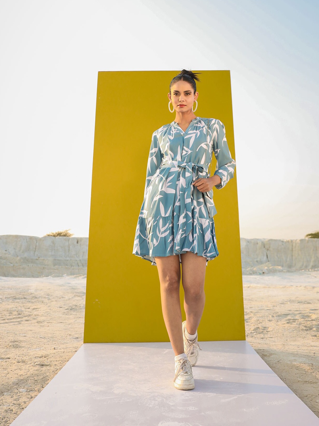 

FASHION DWAR Tropical Printed Mandarin Collar Puff Sleeves A-Line Dress, Blue