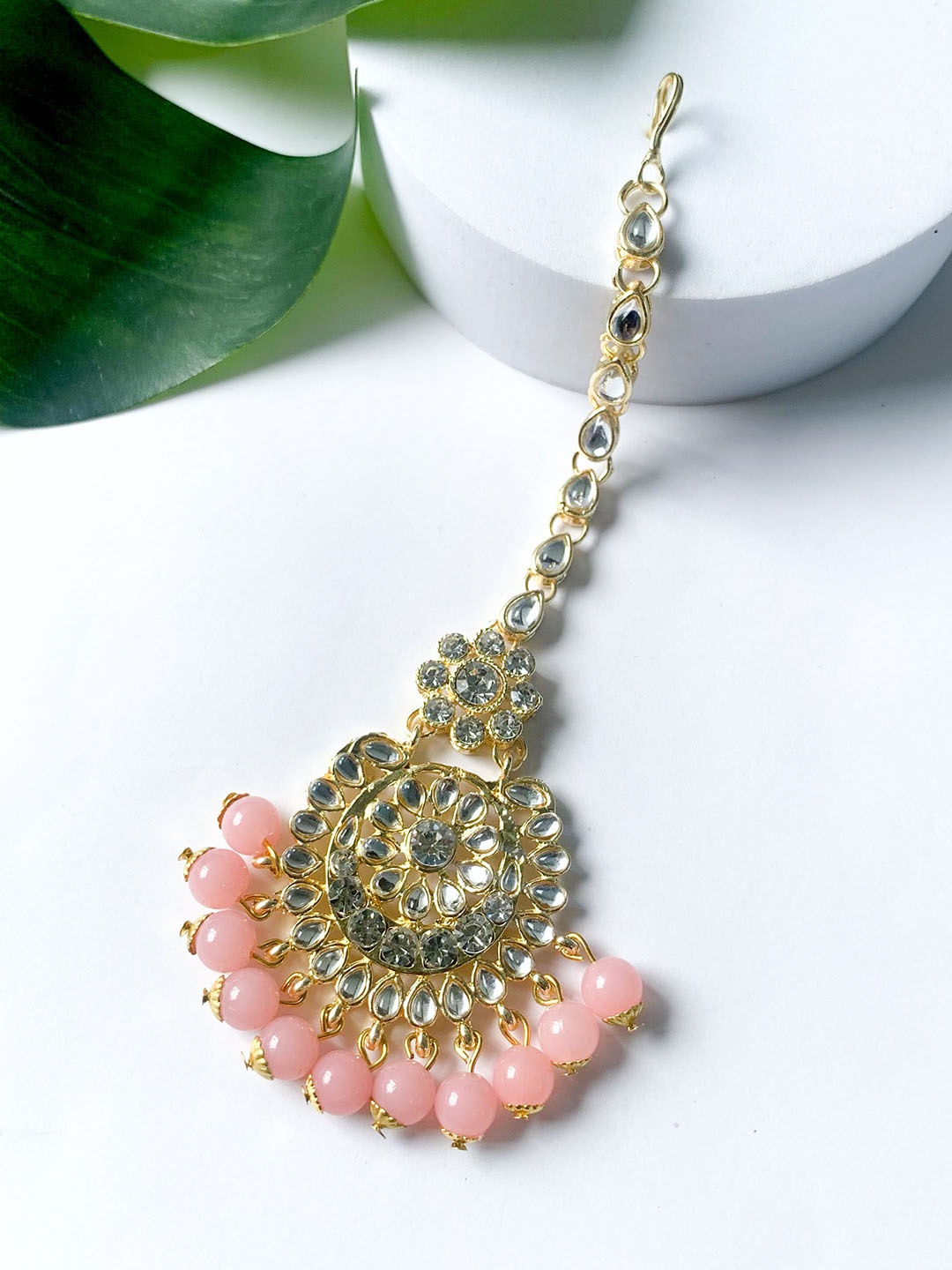 

I Jewels Gold-Plated Kundan-Studded & Beaded Maang Tikka