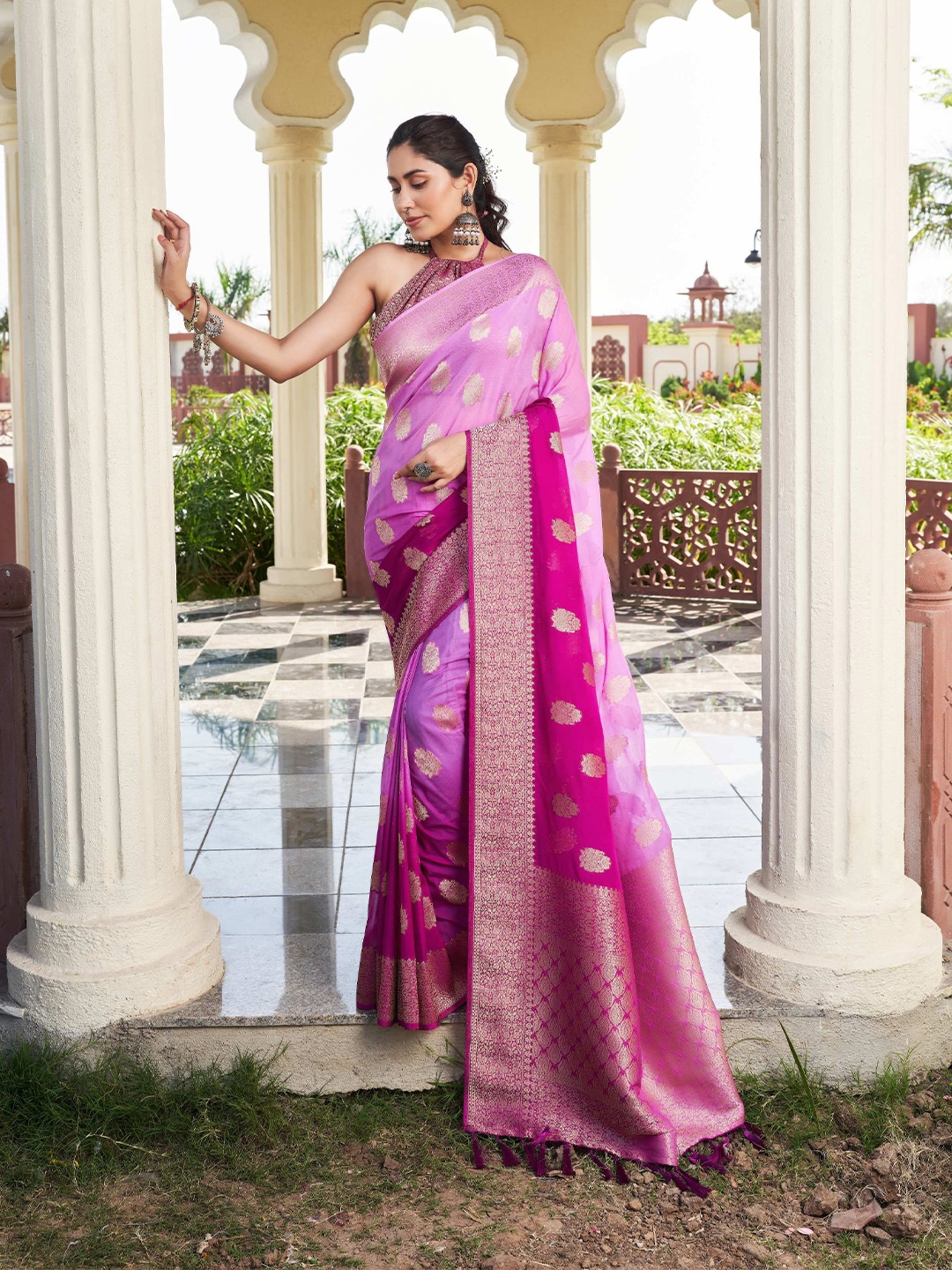 

Vardha Ethnic Motif Woven Design Zari Pure Georgette Banarasi Saree, Purple