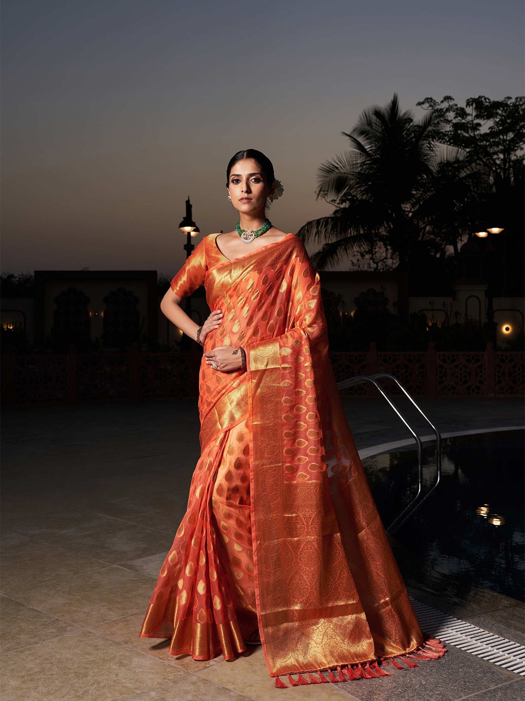 

Vardha Ethnic Motif Woven Design Zari Organza Banarasi Saree, Peach