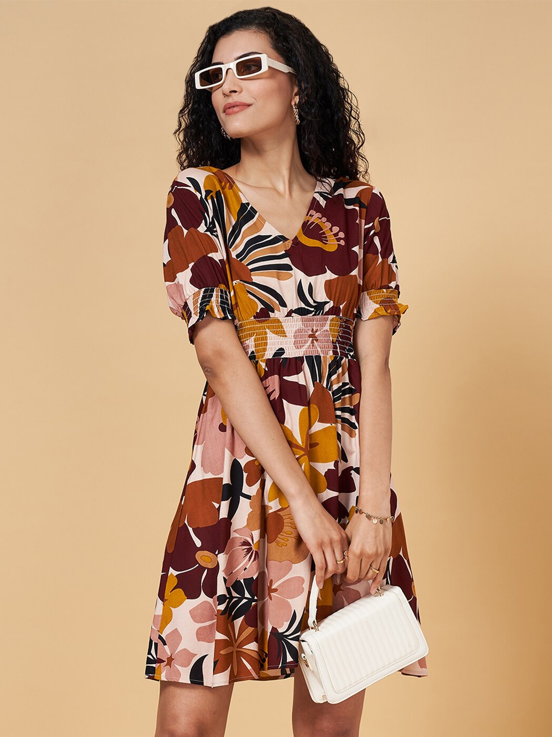 

YU by Pantaloons Floral Printed V-neck Puff Sleeve A-Line Dress, Cream