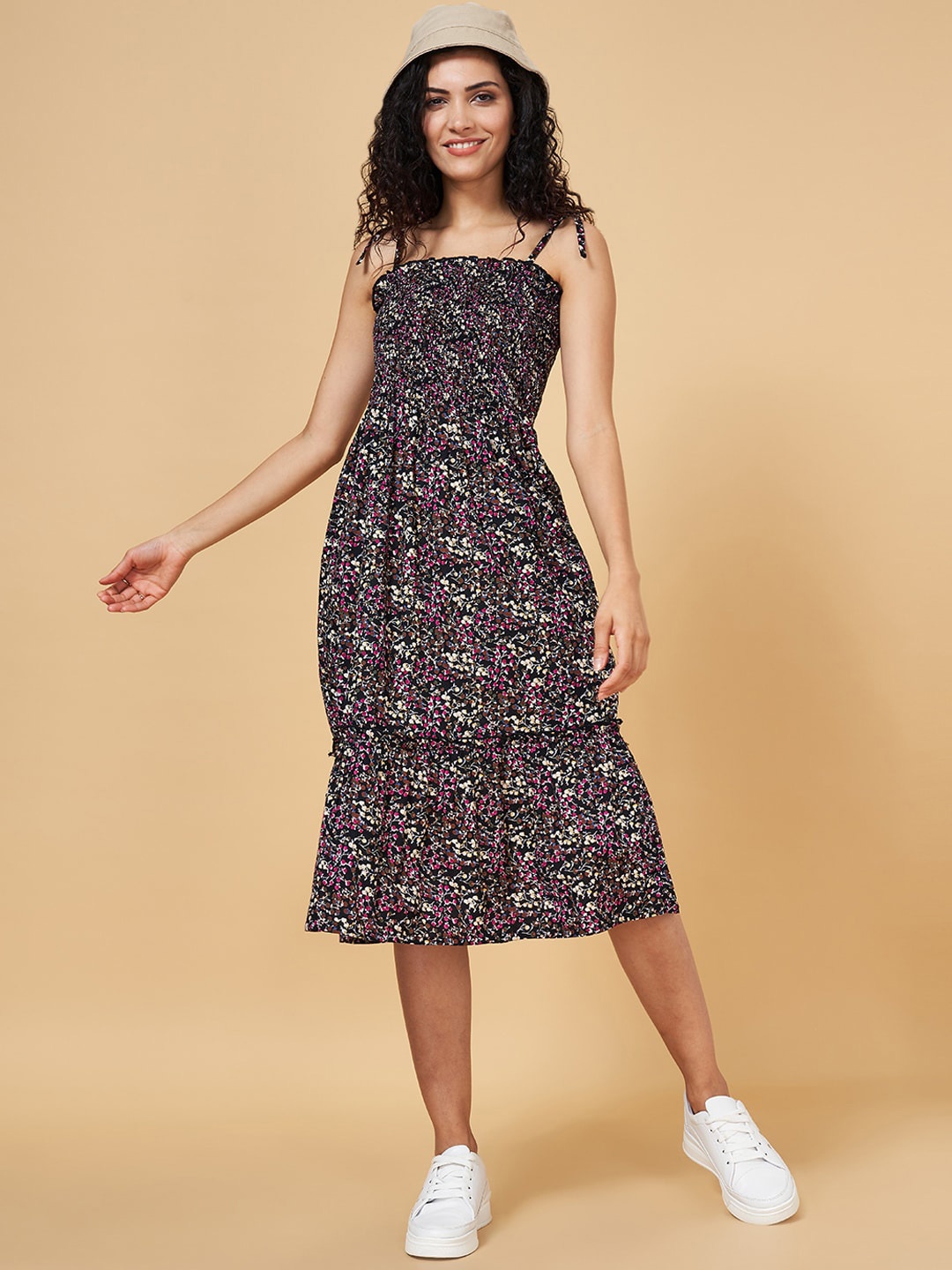 

YU by Pantaloons Floral Printed Tiered Fit & Flare Midi Dress, Black