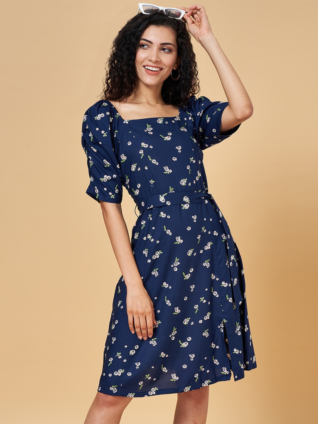 

YU by Pantaloons Floral Printed Puff Sleeve Square Neck Fit & Flare Dress, Navy blue