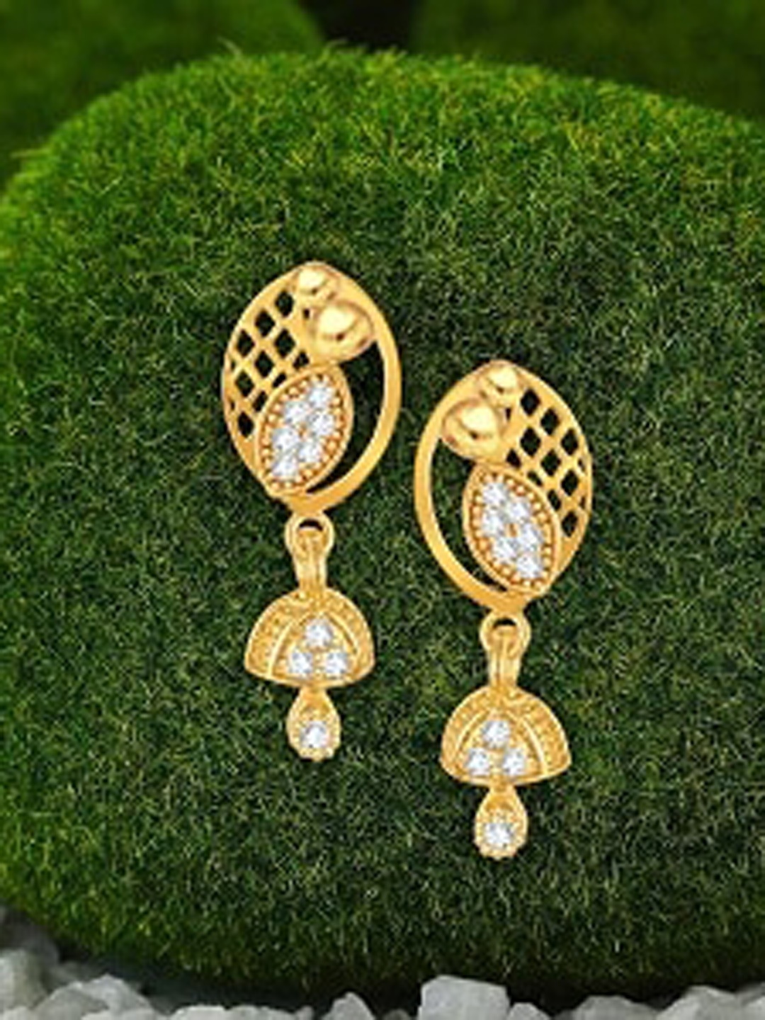 

Vighnaharta Gold-Plated CZ Studded Oval Shaped Drop Earrings