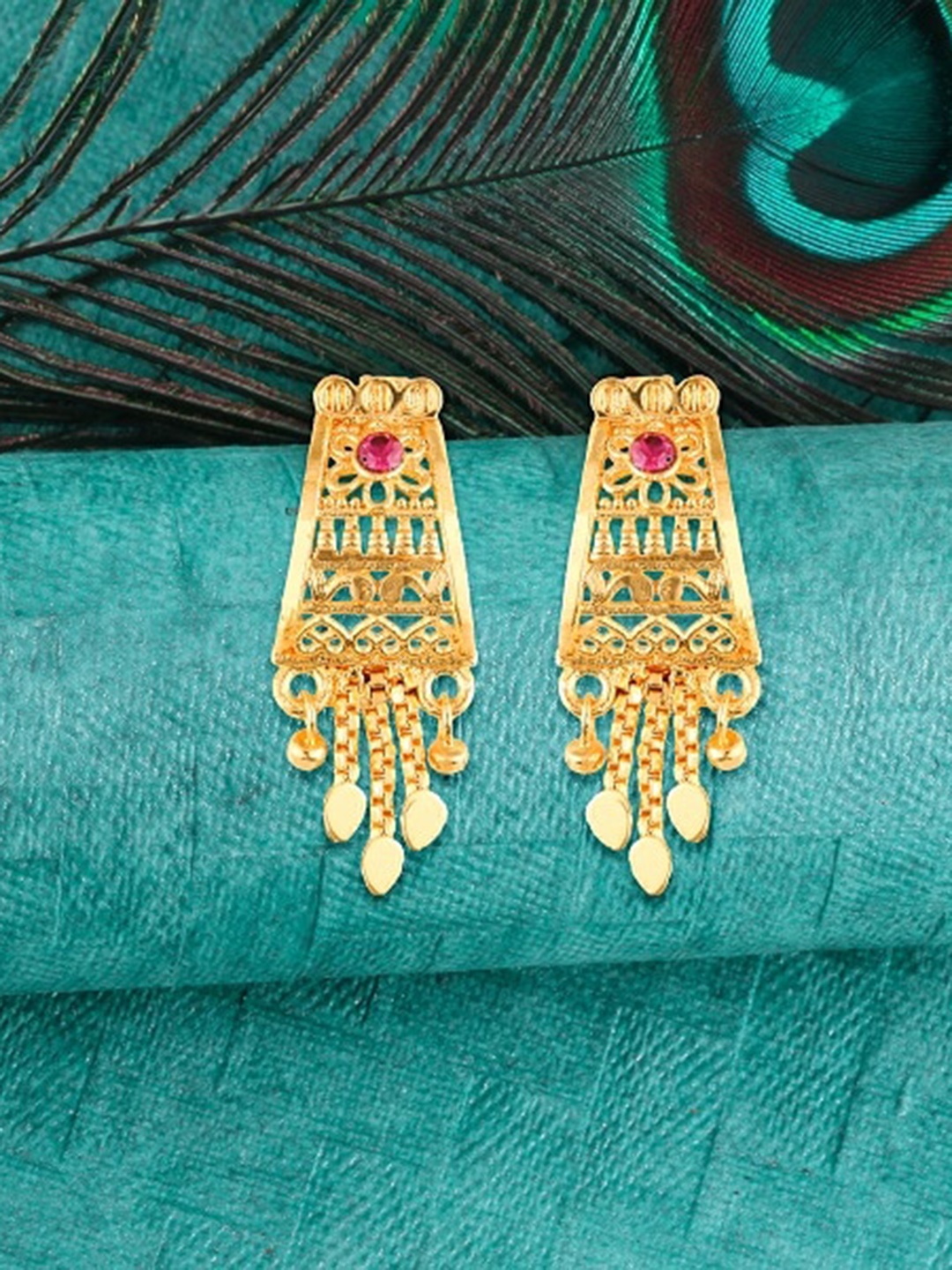 

Vighnaharta Gold-Plated CZ Leaf Shaped Drop Earrings