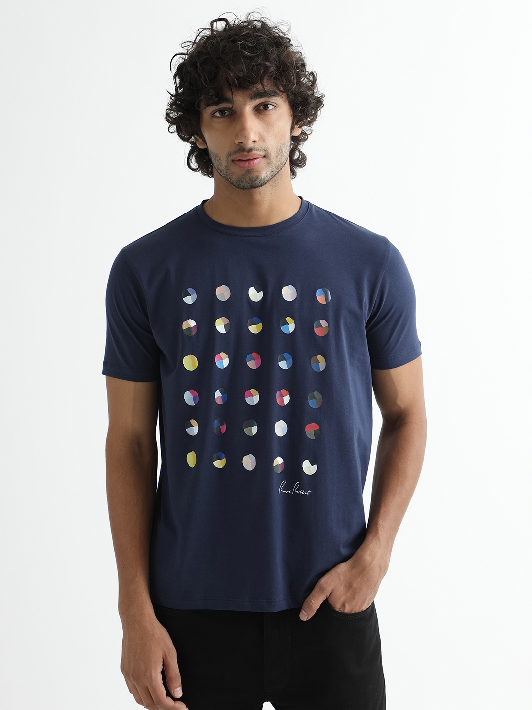 

RARE RABBIT Men Flipp Printed Slim Fit T-Shirt, Navy blue