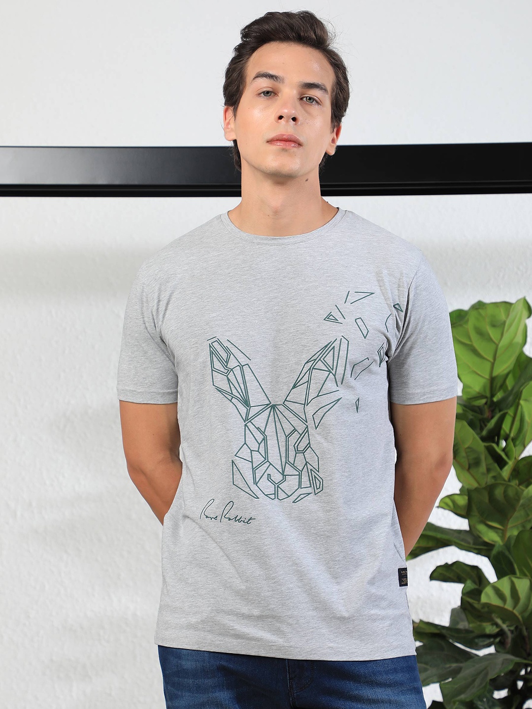

RARE RABBIT Men Flames 2 Graphic Printed Cotton Slim Fit T-Shirt, Grey