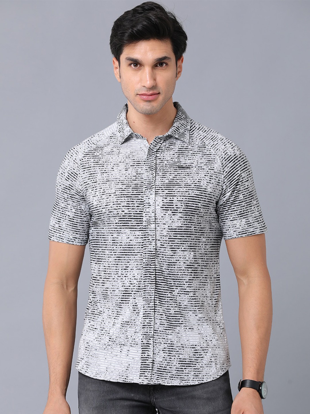 

Voi Jeans Horizontal Striped Cotton Casual Shirt, Grey