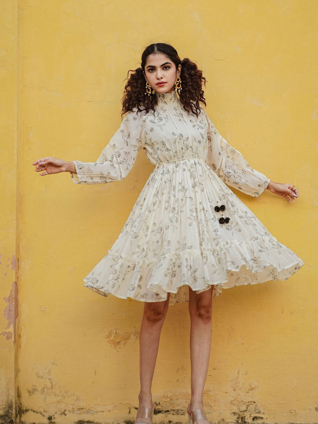

FASHION DWAR Floral Printed Raglan Sleeves Pure Cotton Fit & Flare Dress, Off white