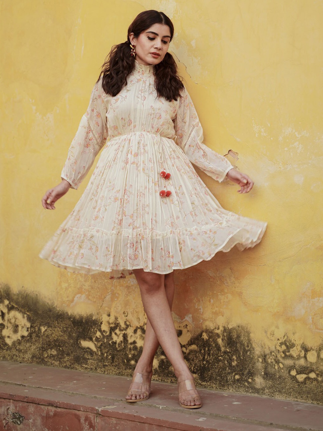 

FASHION DWAR Floral Printed High Neck Pure Cotton Fit & Flare Dress, Cream