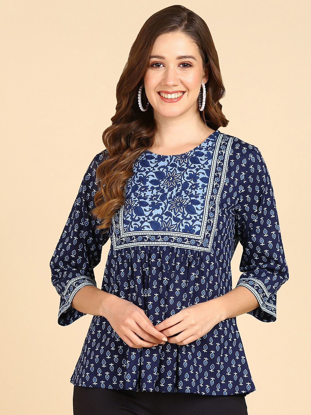 

ZNX Clothing Ethnic Motifs Printed Cotton Top, Blue