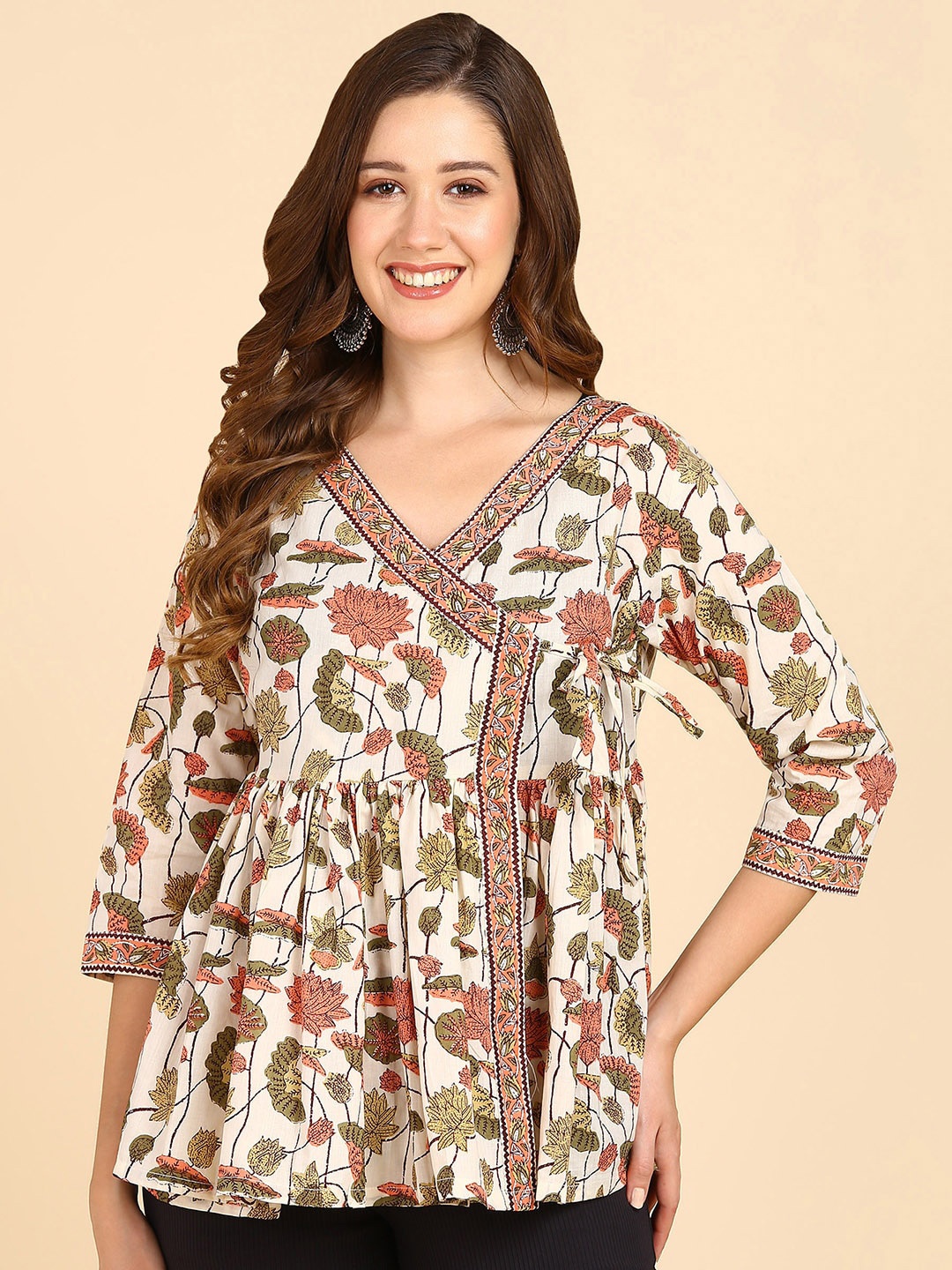 

ZNX Clothing Floral Printed V-Neck Cotton Empire Top, Cream