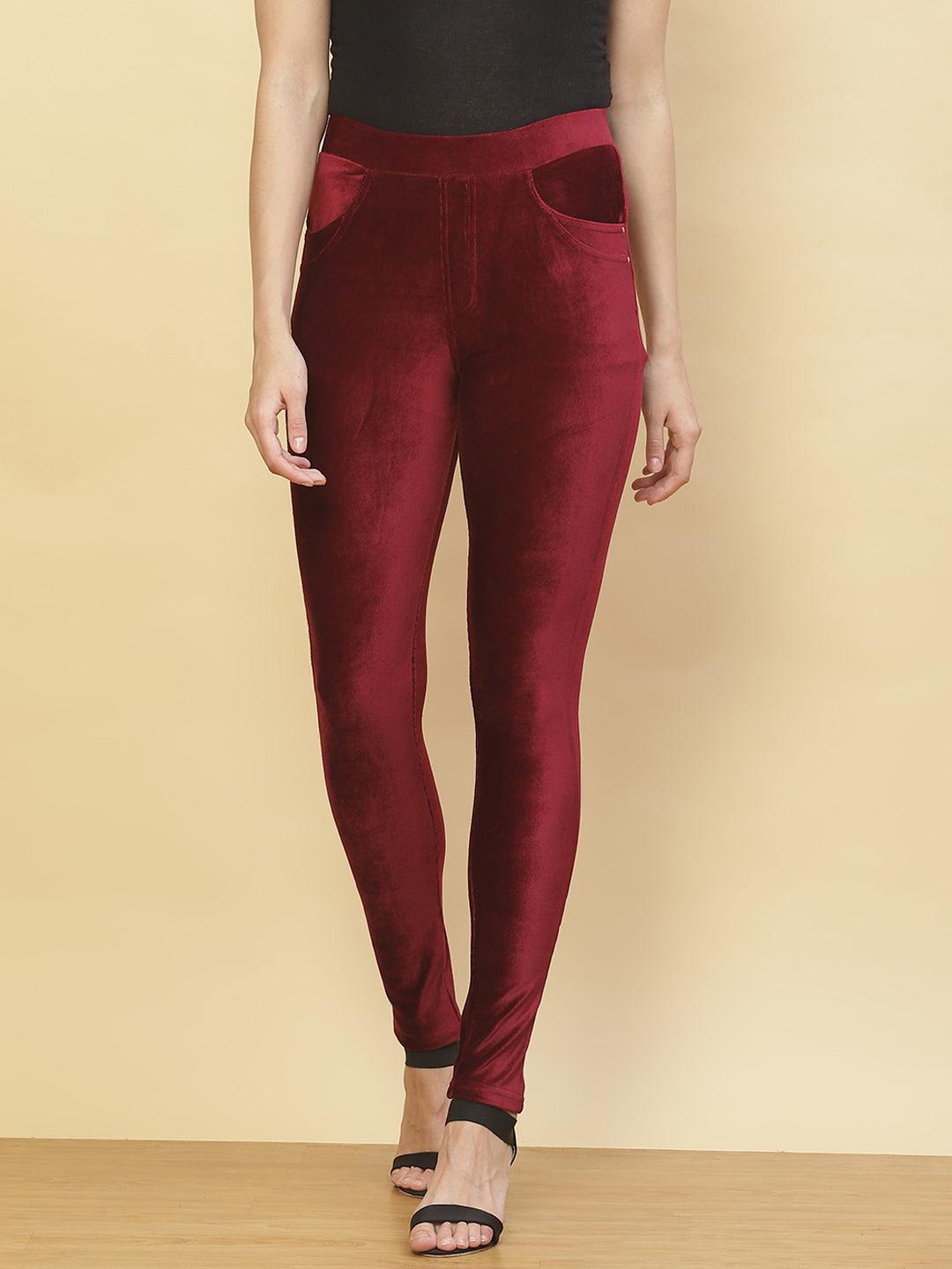 

Lakshita Women Skinny Fit Velvet Treggings, Maroon