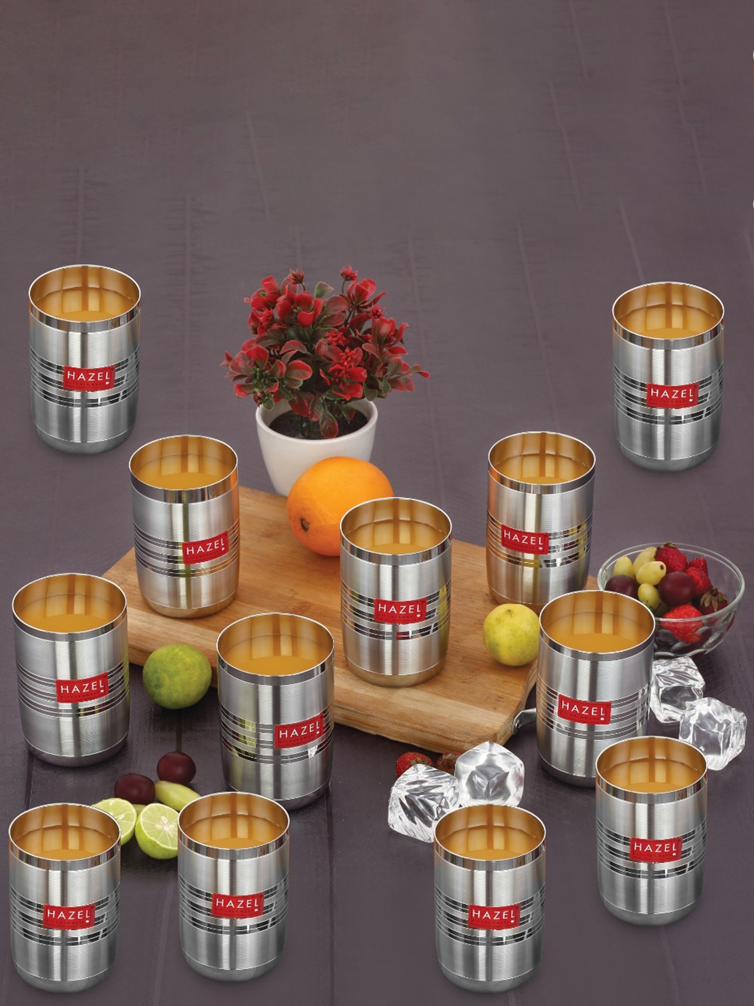 

HAZEL Silver Toned 12 Pieces Stainless Steel Water Or Juice Glasses 350 ml Each