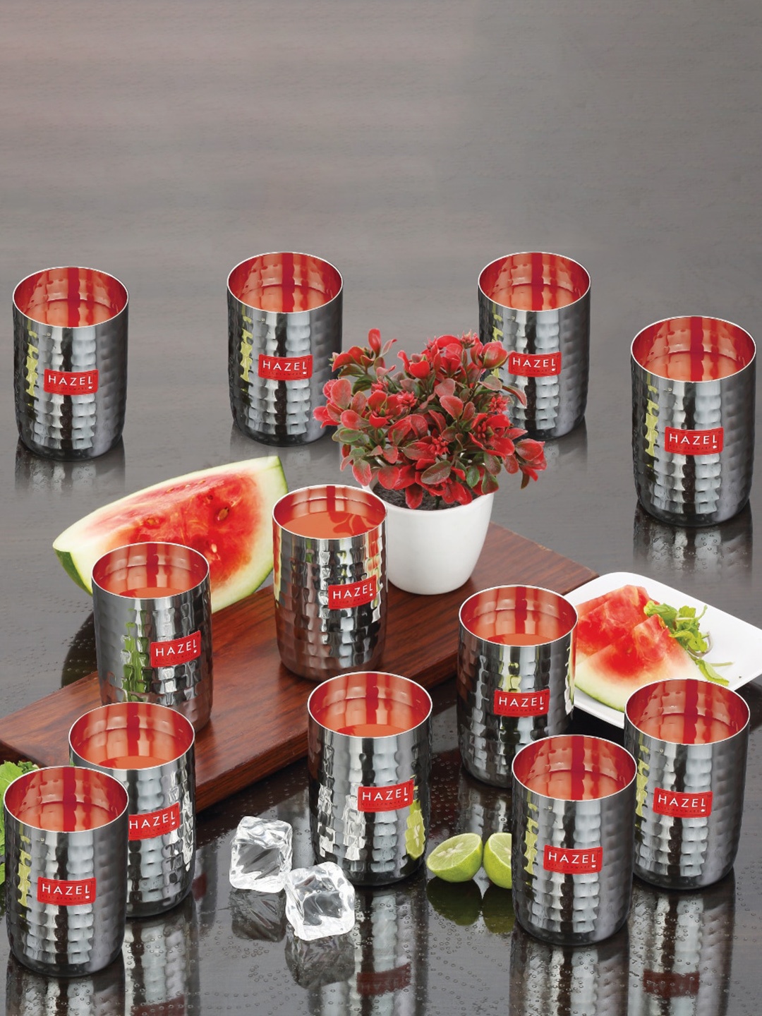 

HAZEL 12-Pcs Textured Stainless Steel Water Or Juice Glasses - 350 ML Each, Silver